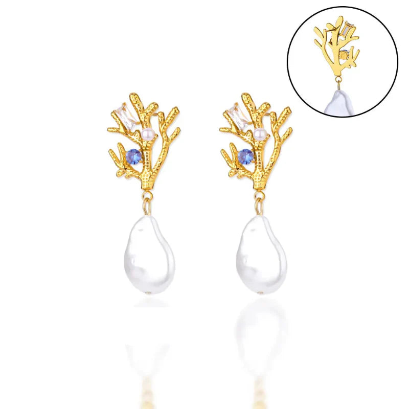 Coral Dangle Earrings with Pearl and Blue Zircon