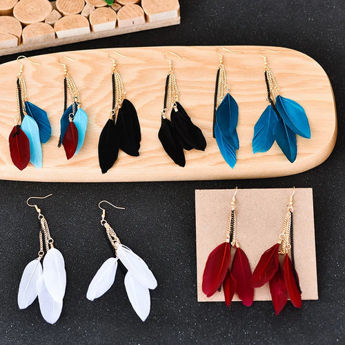 Dangling Earrings with Colored Feathers