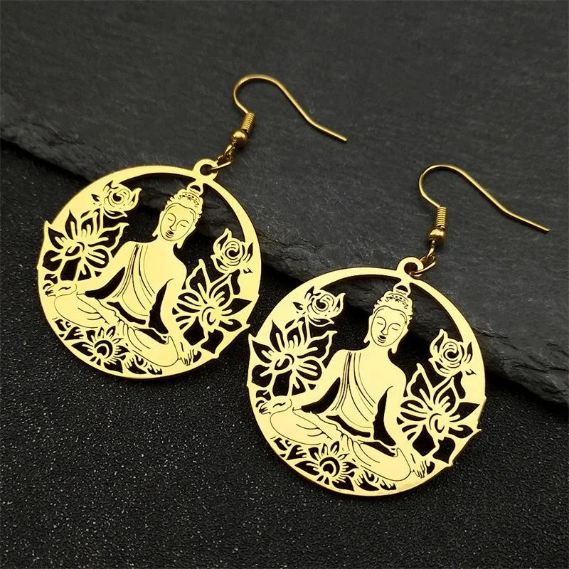 Buddha and Lotus Flower Dangle Earrings gold