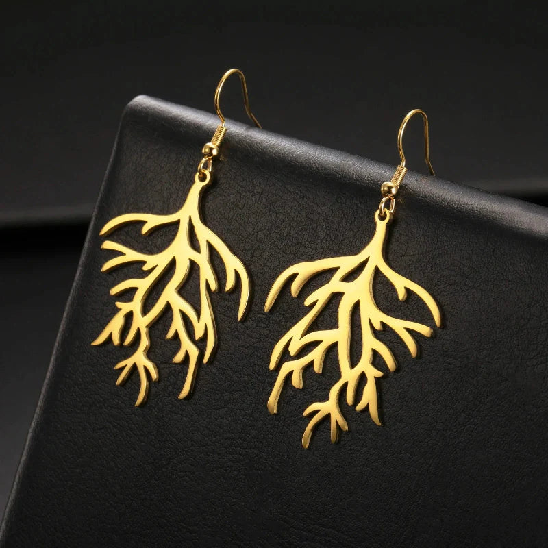 Dangling Earrings in Gold Coral Branches