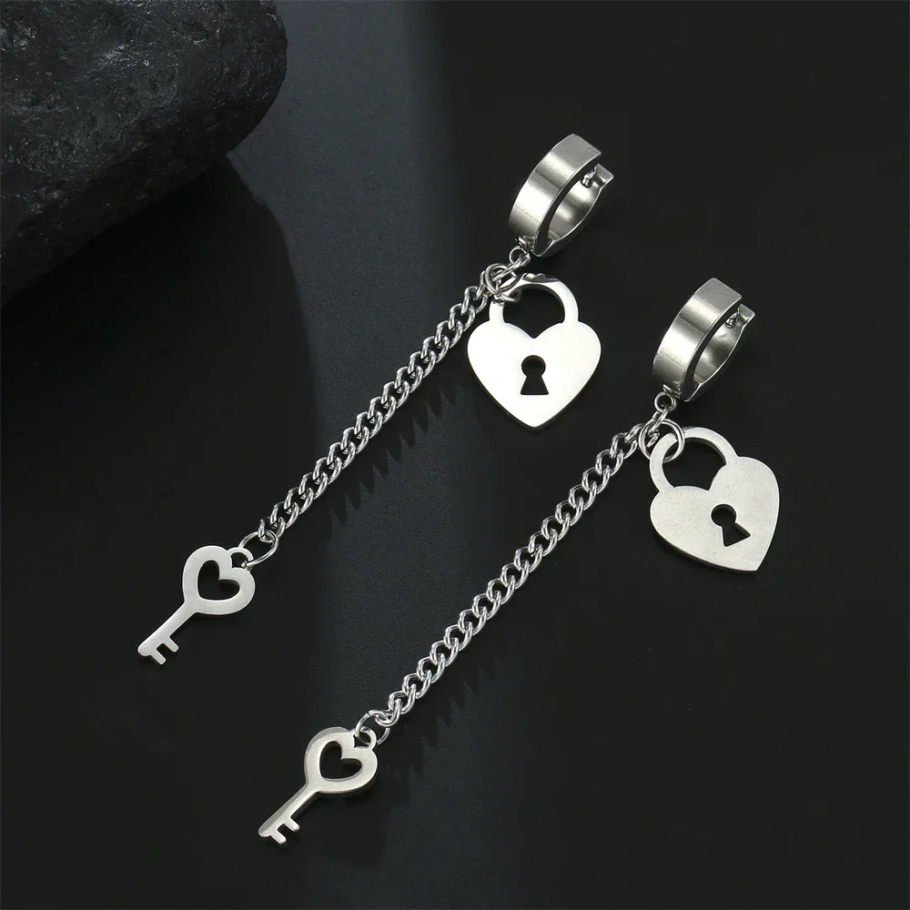 Boucles d'oreilles pendantes clef et cadenas argent