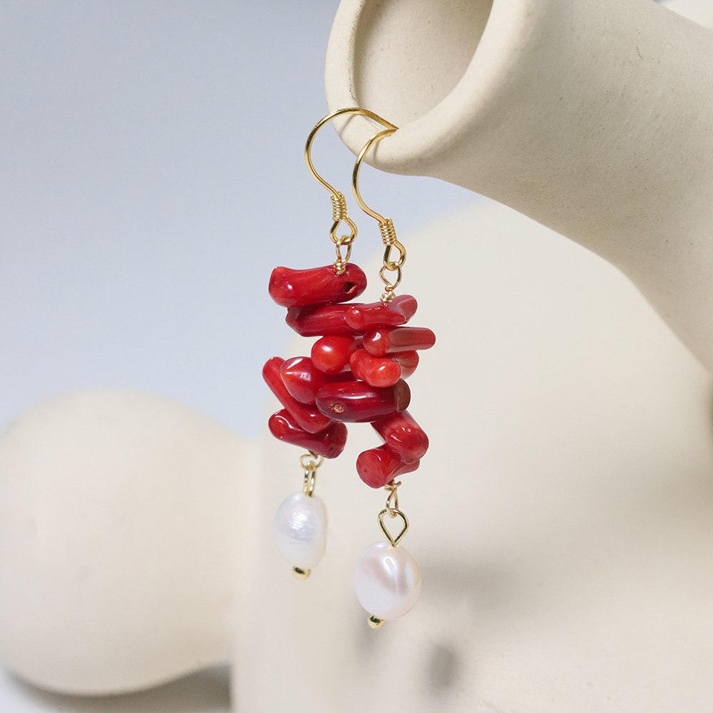 Coral Drop Earrings with Pearls