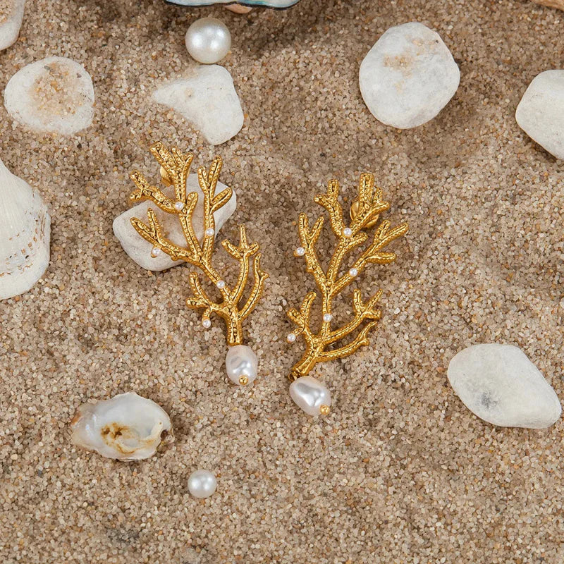 Coral and White Pearl Dangling Earrings
