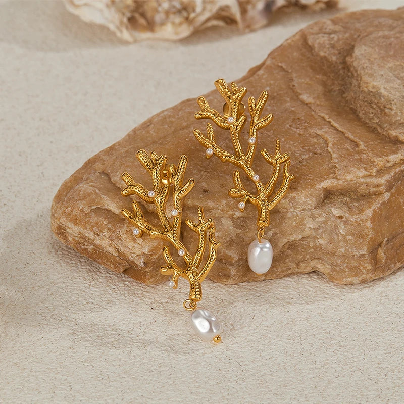 Coral and White Pearl Dangling Earrings