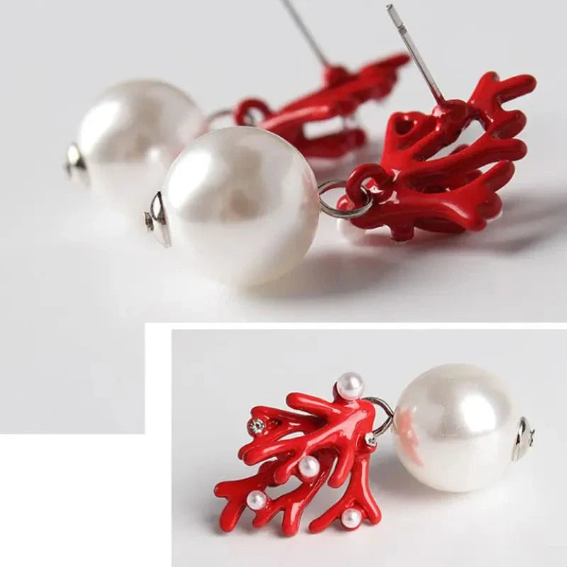 Red Coral and Pearl Drop Earrings