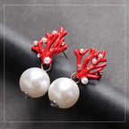Red Coral and Pearl Drop Earrings