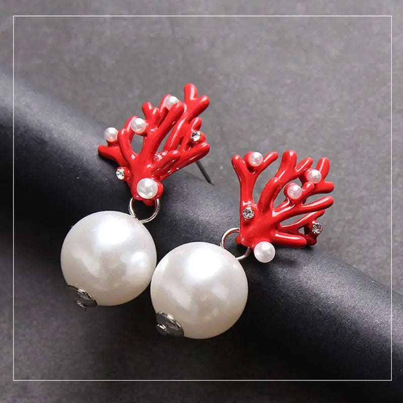 Red Coral and Pearl Drop Earrings
