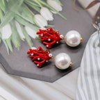 Red Coral and Pearl Drop Earrings