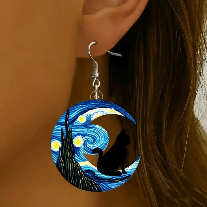 Blue Crescent Moon and Black Cat Dangle Earrings