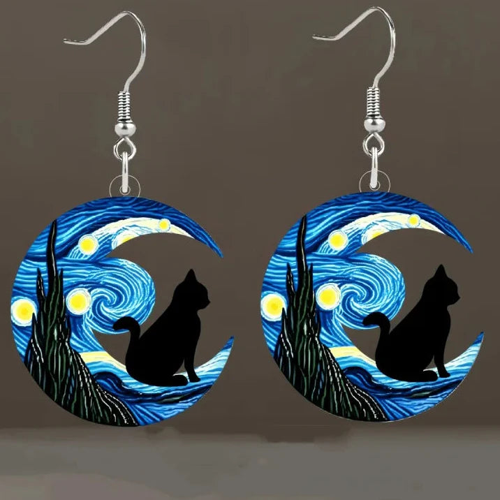 Blue Crescent Moon and Black Cat Dangle Earrings