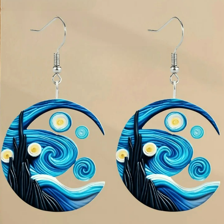 Blue Crescent Moon Dangle Earrings
