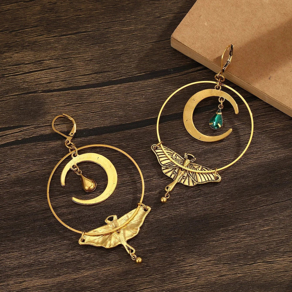 Dangling Earrings Moon Crescent and Moth