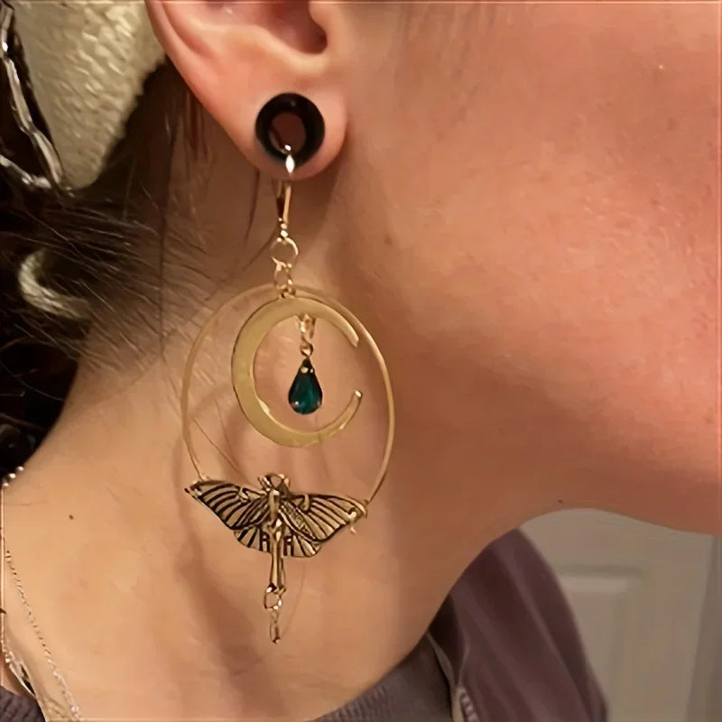 Dangling Earrings Moon Crescent and Moth