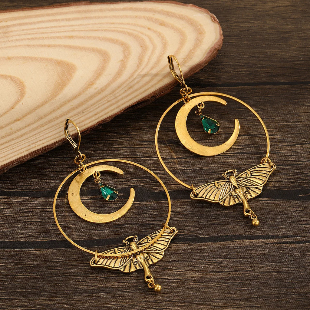 Dangling Earrings Moon Crescent and Moth