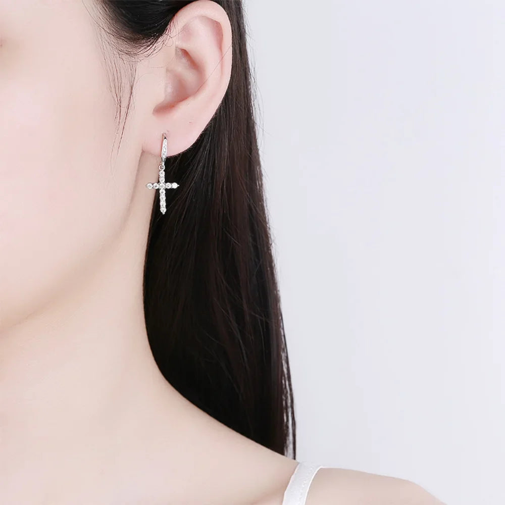 Silver Zircon Cross Dangle Earrings