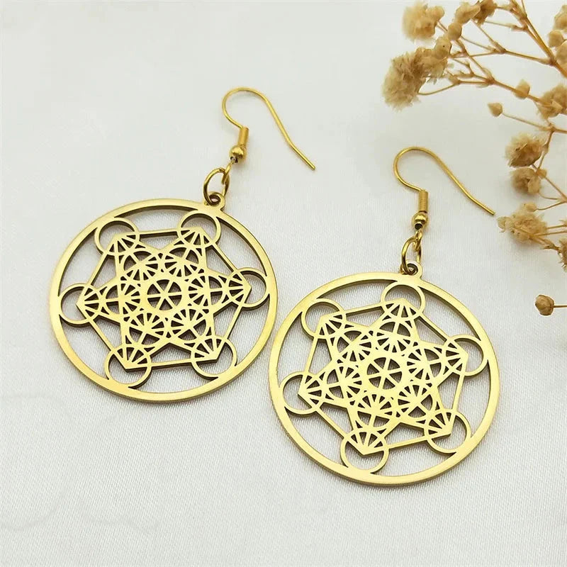 Metatron Cube Gold Dangle Earrings