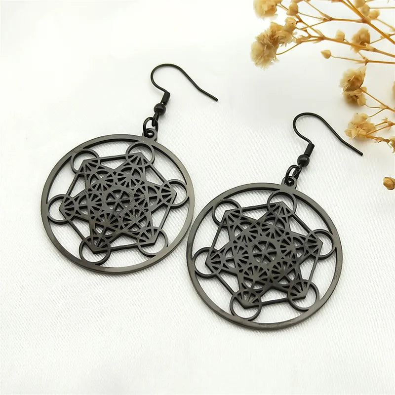Boucles d'Oreilles Pendantes Cube Métatron noir