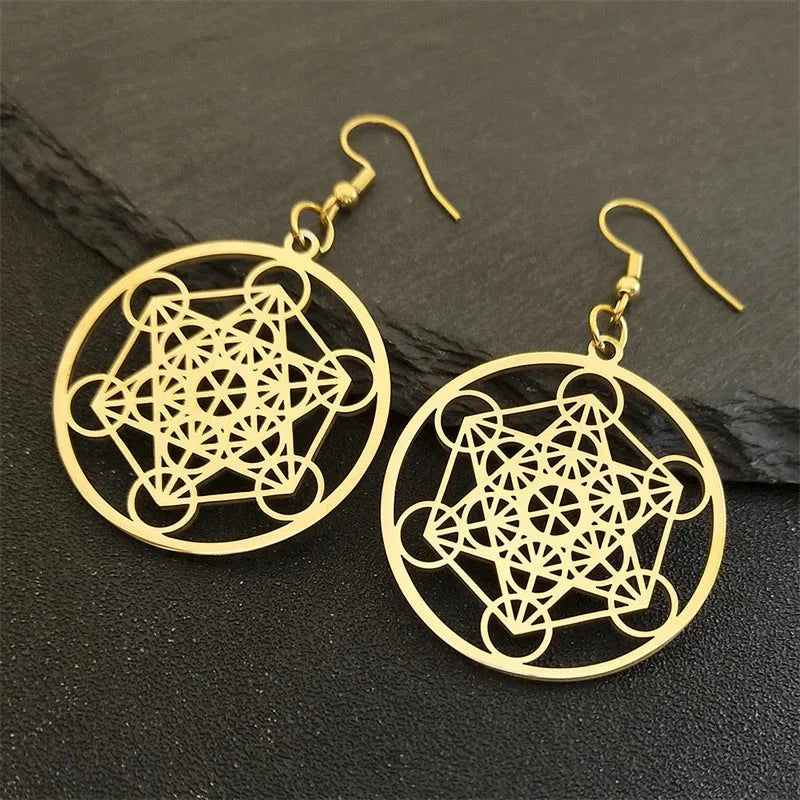 Boucles d'Oreilles Pendantes Cube Métatron or