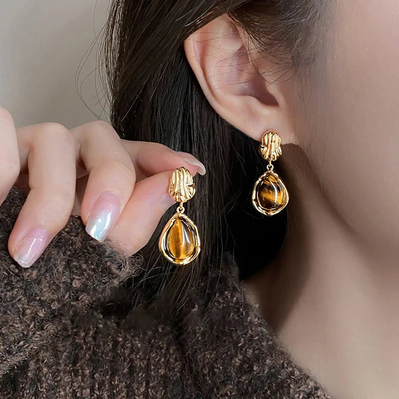 Women's Hanging Protection Earrings Tiger Eye