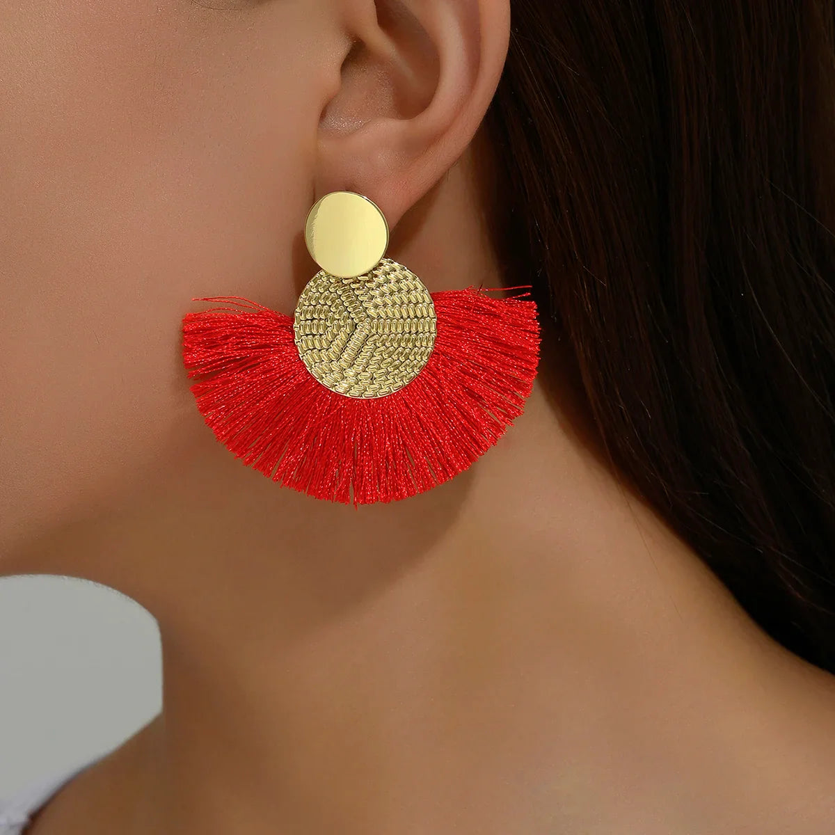 Bohemian Style Fan Dangle Earrings in Red