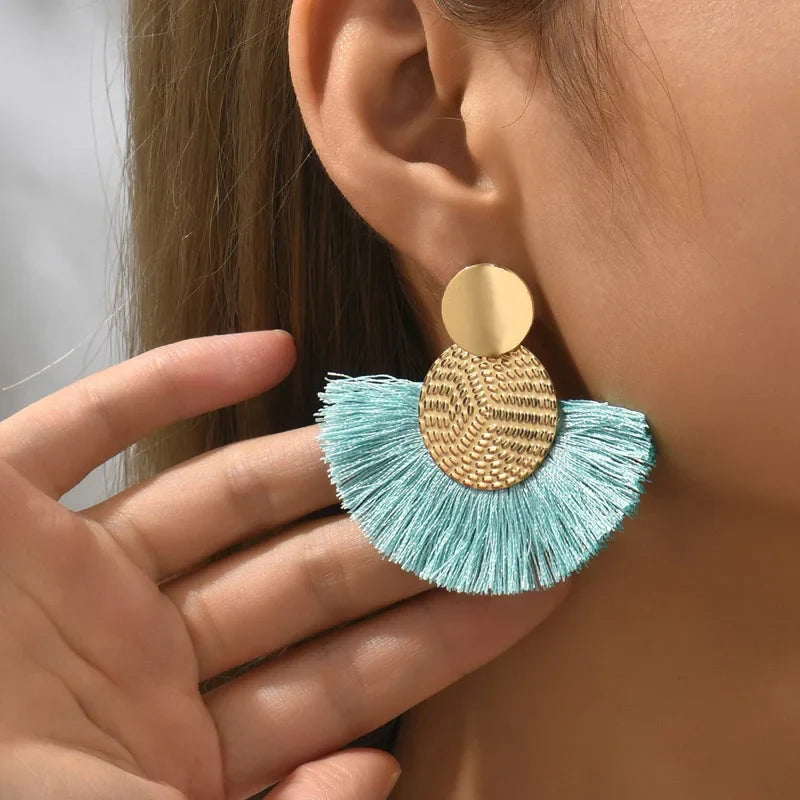 Bohemian Style Fan Dangle Earrings in Light Blue