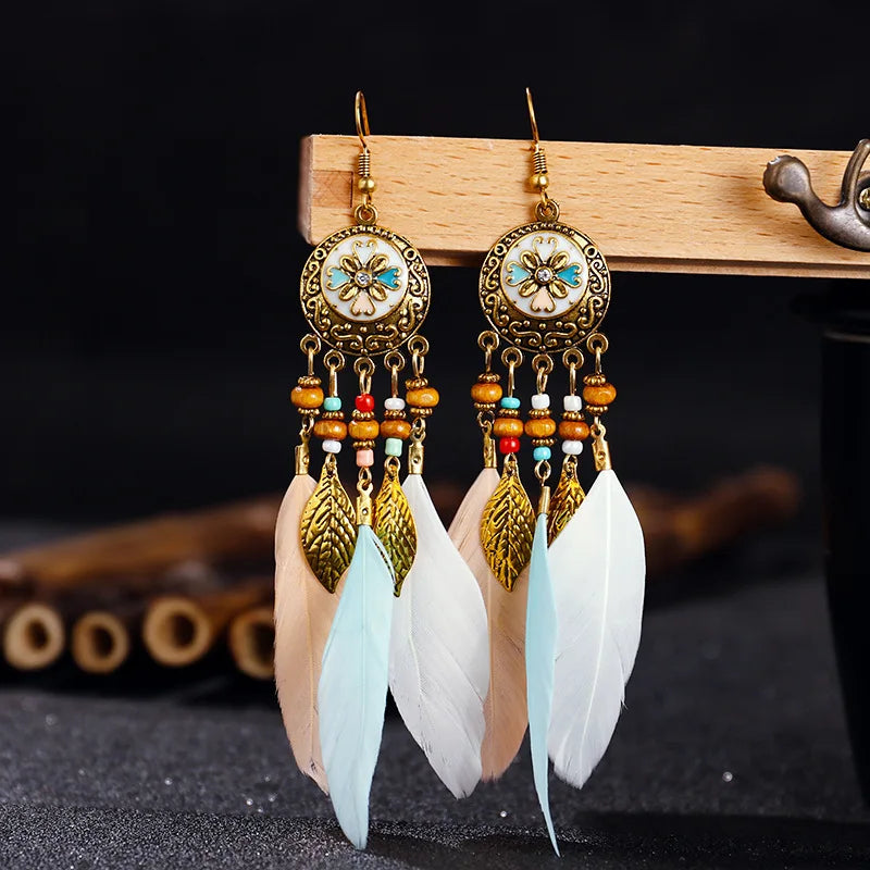 Boucles d'Oreilles Pendantes de Style Ethnique Plumes 2