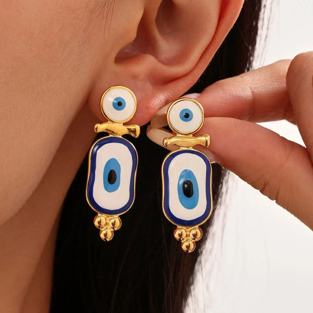 Ethnic Blue Eye Gold Dangle Earrings