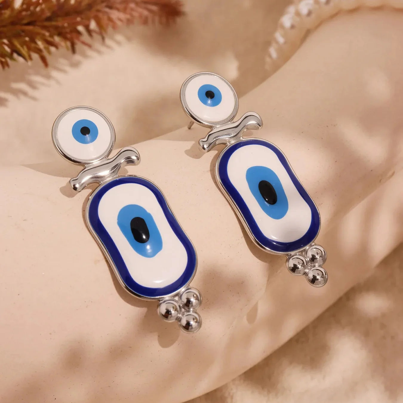 Ethnic Blue Eye Silver Dangle Earrings