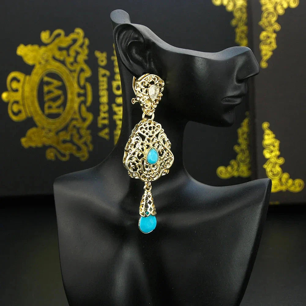 Ethnic Oriental Dangling Earrings turquoise blue