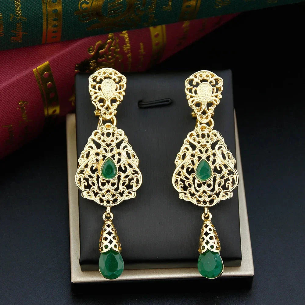 Ethnic Oriental Dangling Earrings dark green