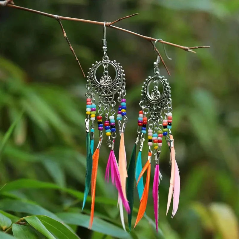 Ethnic Hanging Earrings Colorful Feathers Woman silver