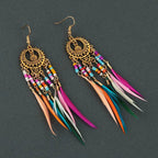Ethnic Hanging Earrings Colorful Feathers Woman gold