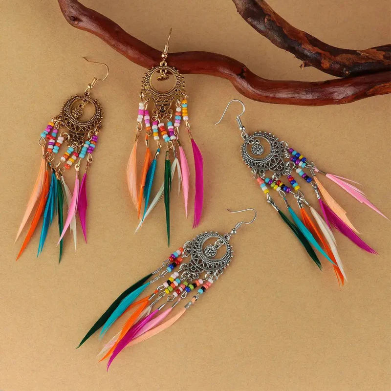 Ethnic Hanging Earrings Colorful Feathers Woman silver