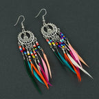 Ethnic Hanging Earrings Colorful Feathers Woman silver