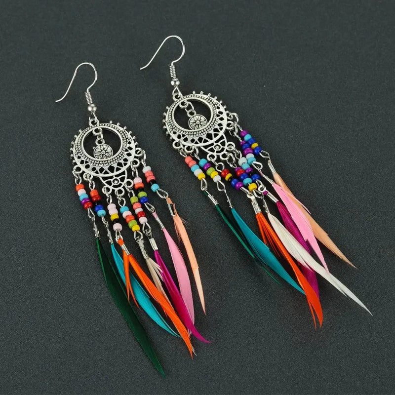 Ethnic Hanging Earrings Colorful Feathers Woman silver