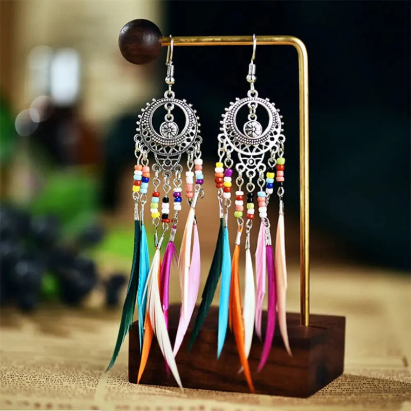 Ethnic Hanging Earrings Colorful Feathers Woman silver