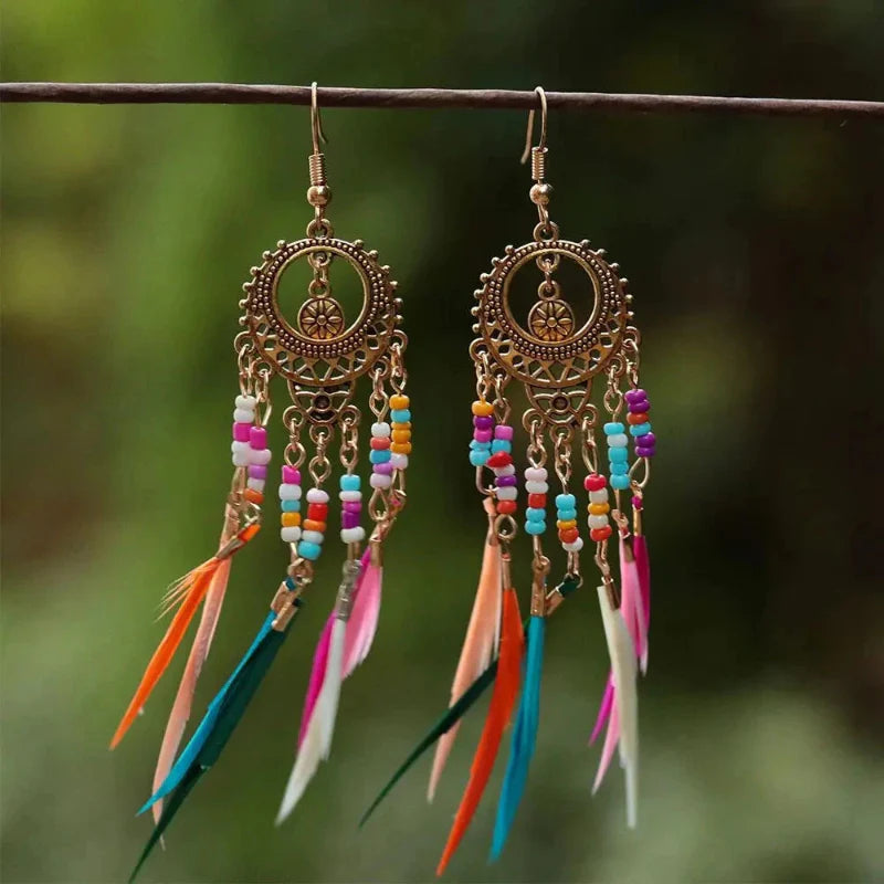 Ethnic Hanging Earrings Colorful Feathers Woman gold