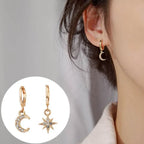 Star and Moon Dangle Earrings in Gold Zircon
