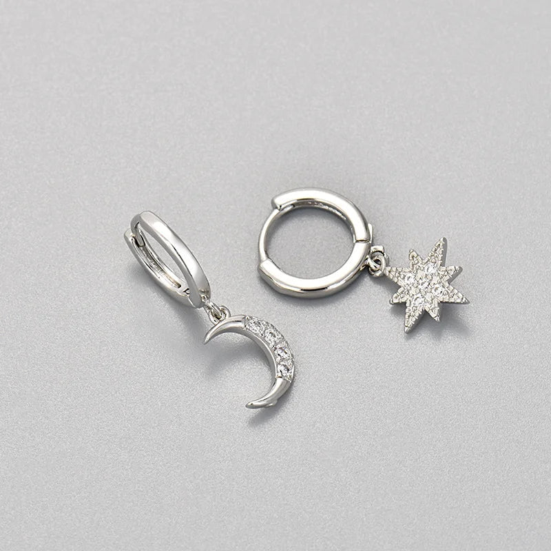 Star and Moon Dangle Earrings in Silver Zircon