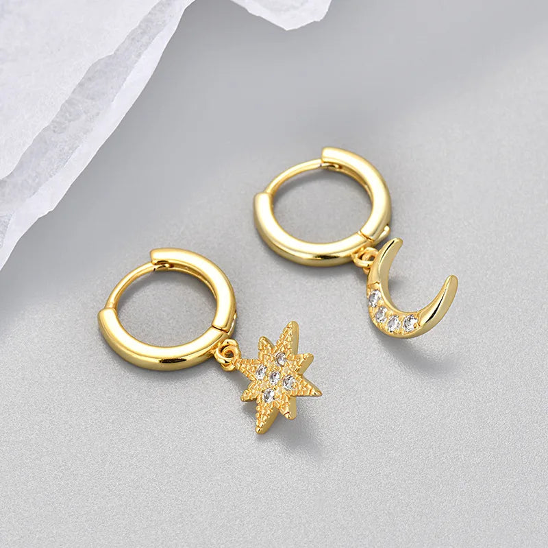 Star and Moon Dangle Earrings in Gold Zircon