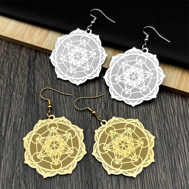 Women's Hanging Earrings Metatron Cube gold