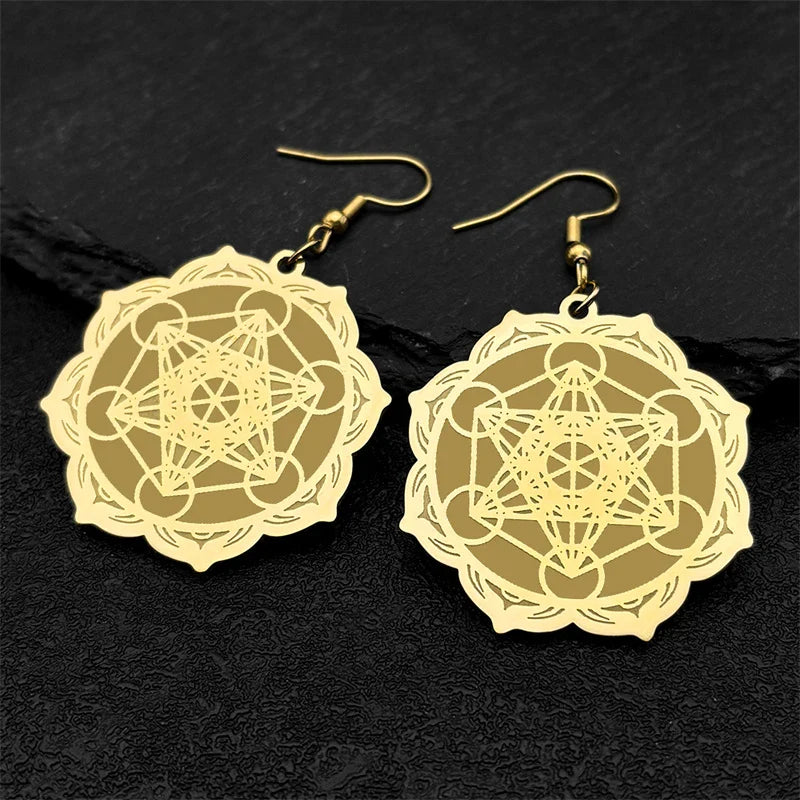 Women's Hanging Earrings Metatron Cube gold