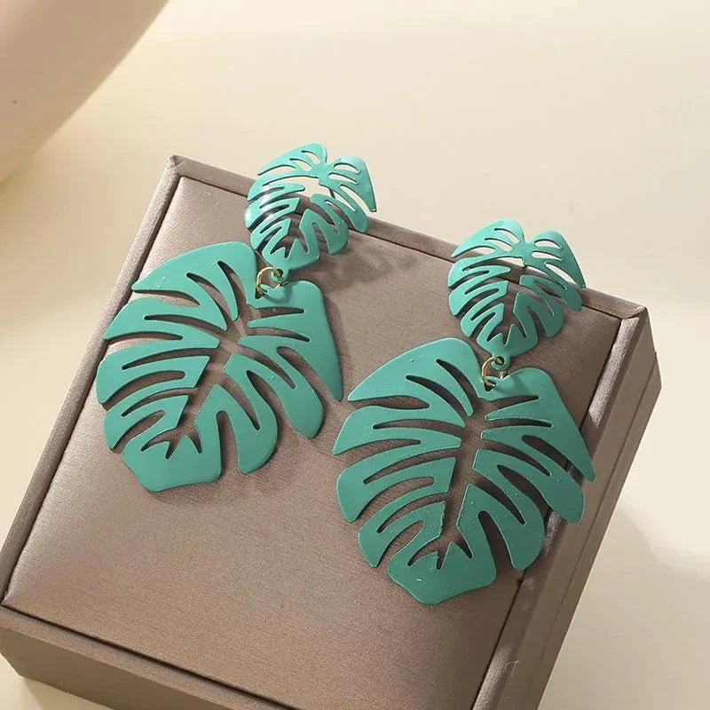 Green Palm Leaf Dangle Earrings
