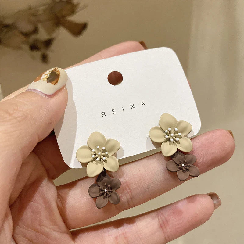 Beige and Brown Flower Dangle Earrings