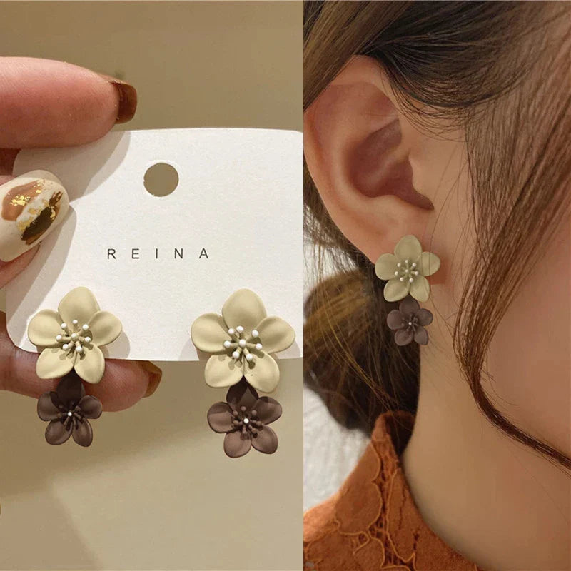 Beige and Brown Flower Dangle Earrings