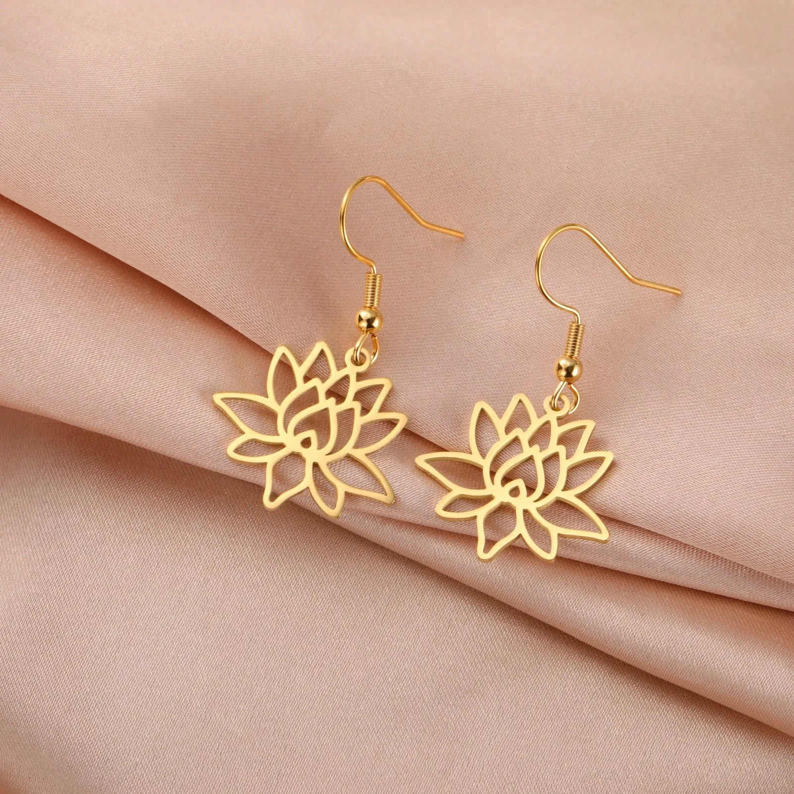 Women's Lotus Flower Dangling Earrings Gold