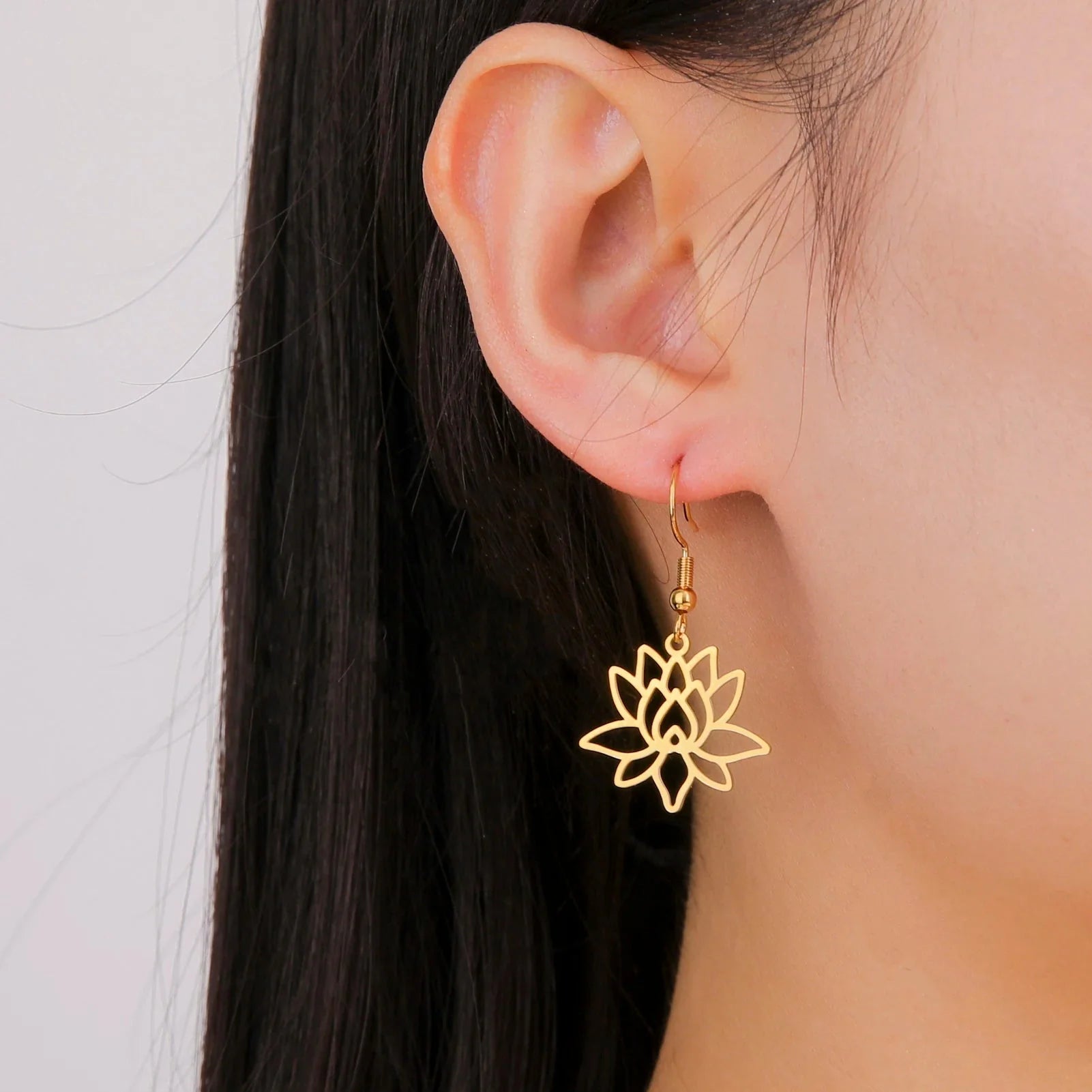 Women's Lotus Flower Dangling Earrings Gold