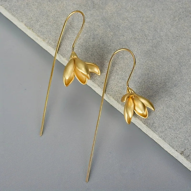 Gold Magnolia Flower Drop Earrings