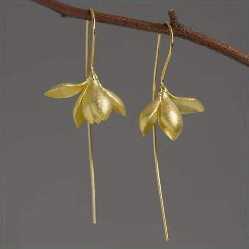 Gold Magnolia Flower Drop Earrings