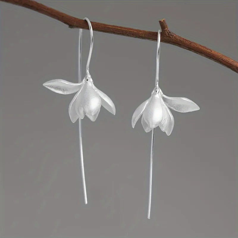 Silver Magnolia Flower Drop Earrings